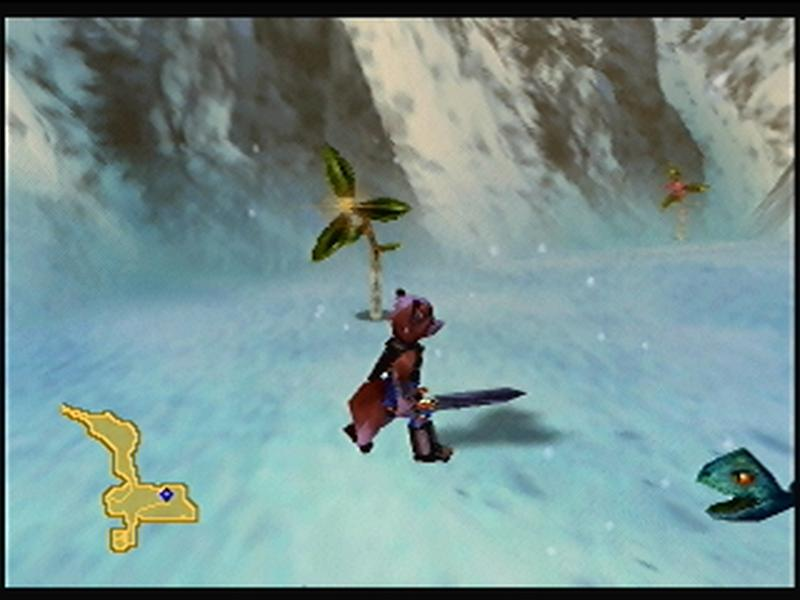 Early Dinosaur Planet gameplay showing a character in a snowy landscape