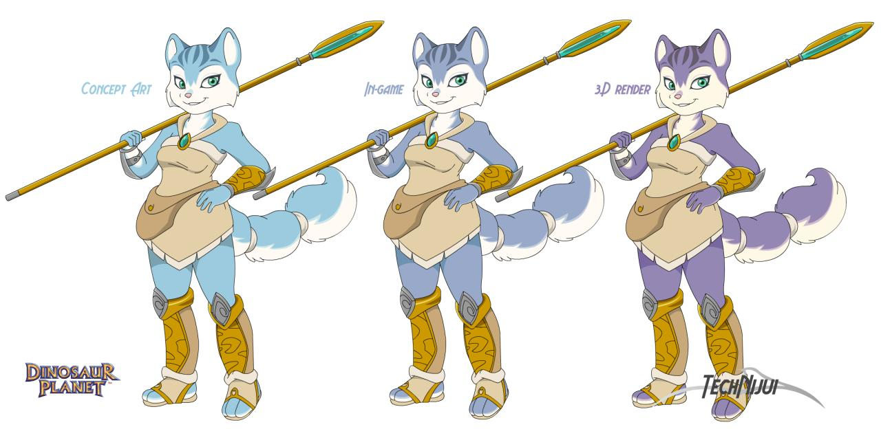 Comparison artwork showing three designs of Krystal from Dinosaur Planet